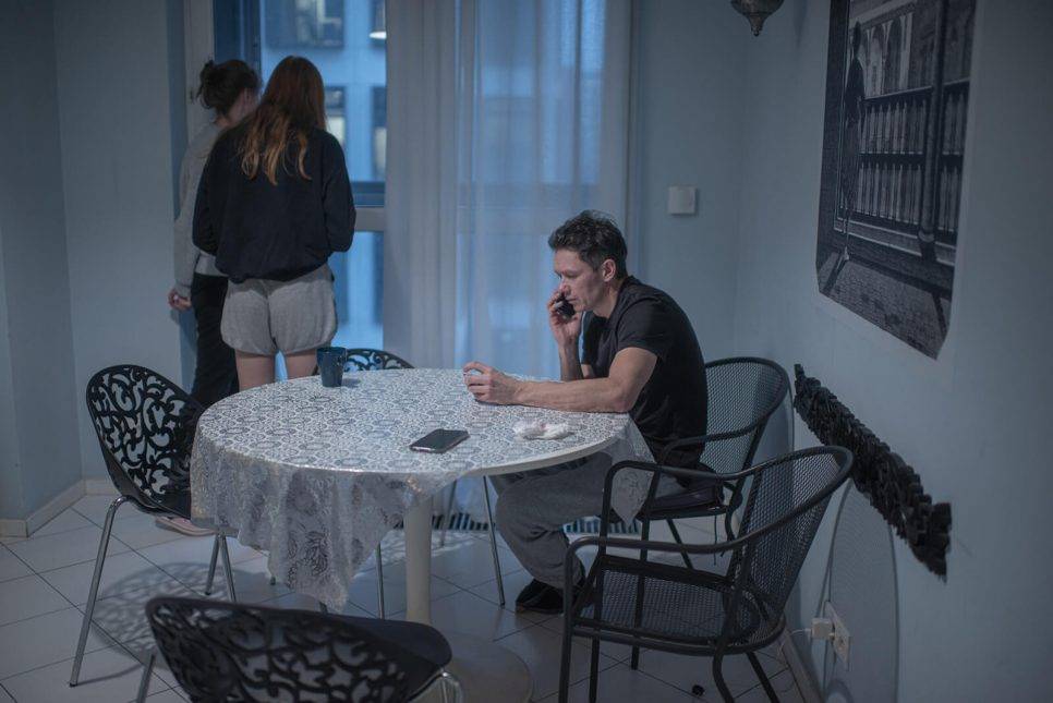Famous Belarusian skier Siarhei Dalidovich and his family in their temporary apartment in Warsaw after moving from Belarus. They decided to leave Belarus with the whole family and start a new life in Poland after the Belarus Ski Federation banned one of his daughters from skiing. Photo: Pasha Kritchko